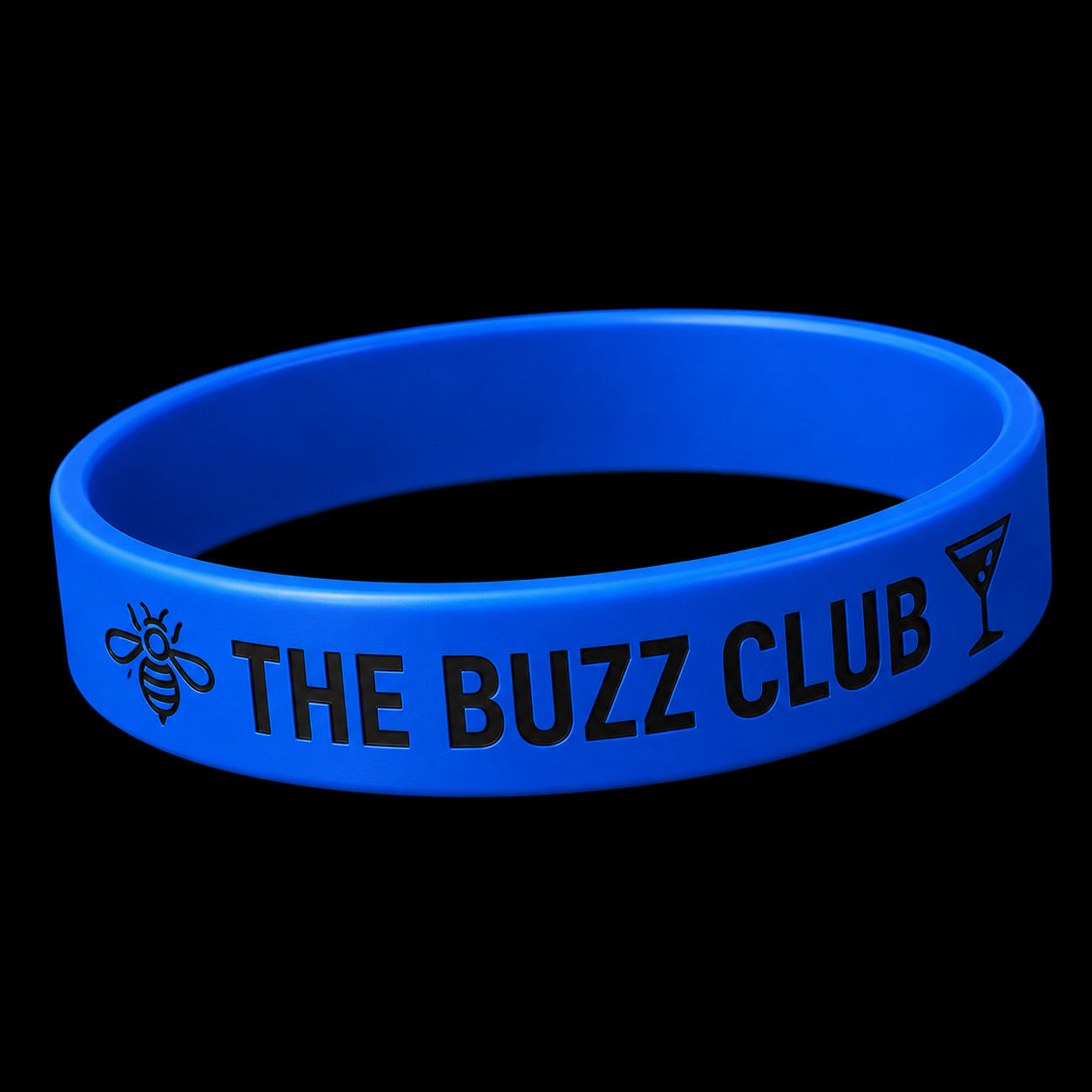 Blue Buzz Club business and networking wristband on black background