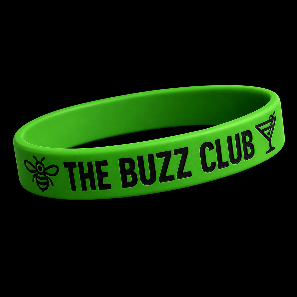 Green Buzz Club open to dating wristband on black background