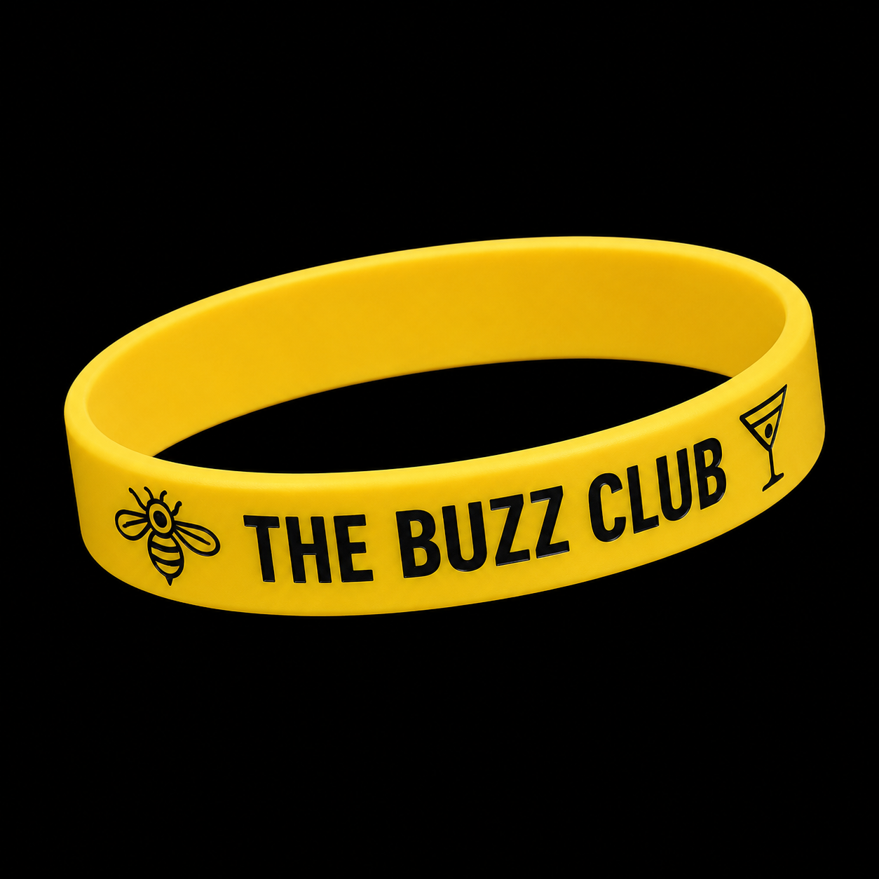 Yellow Buzz Club looking for love wristband on black background